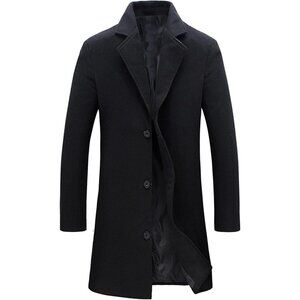 Men's Black Wool Blend Pea Coat Notched Collar Single Breasted Overcoat